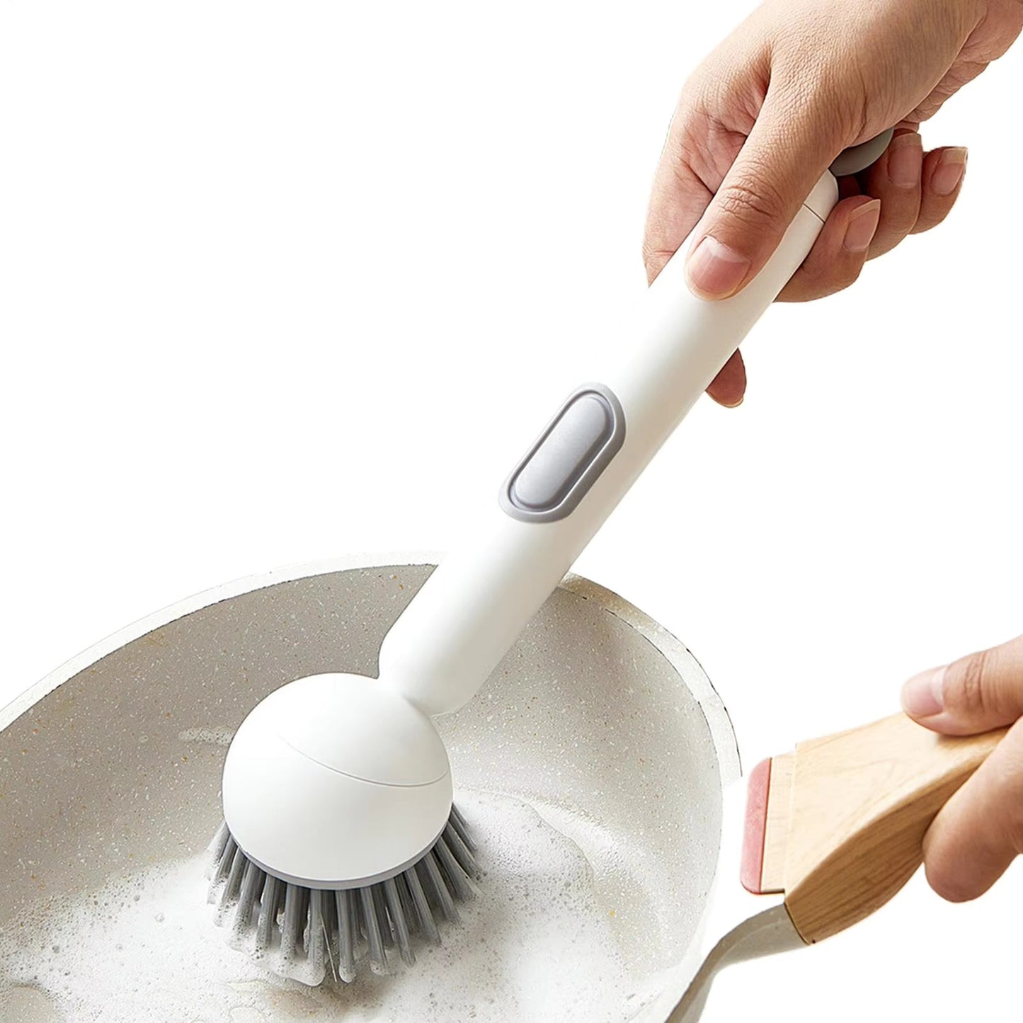 Long Handle Dish Brush with Soap Dispenser and Rotating Scrubber Head